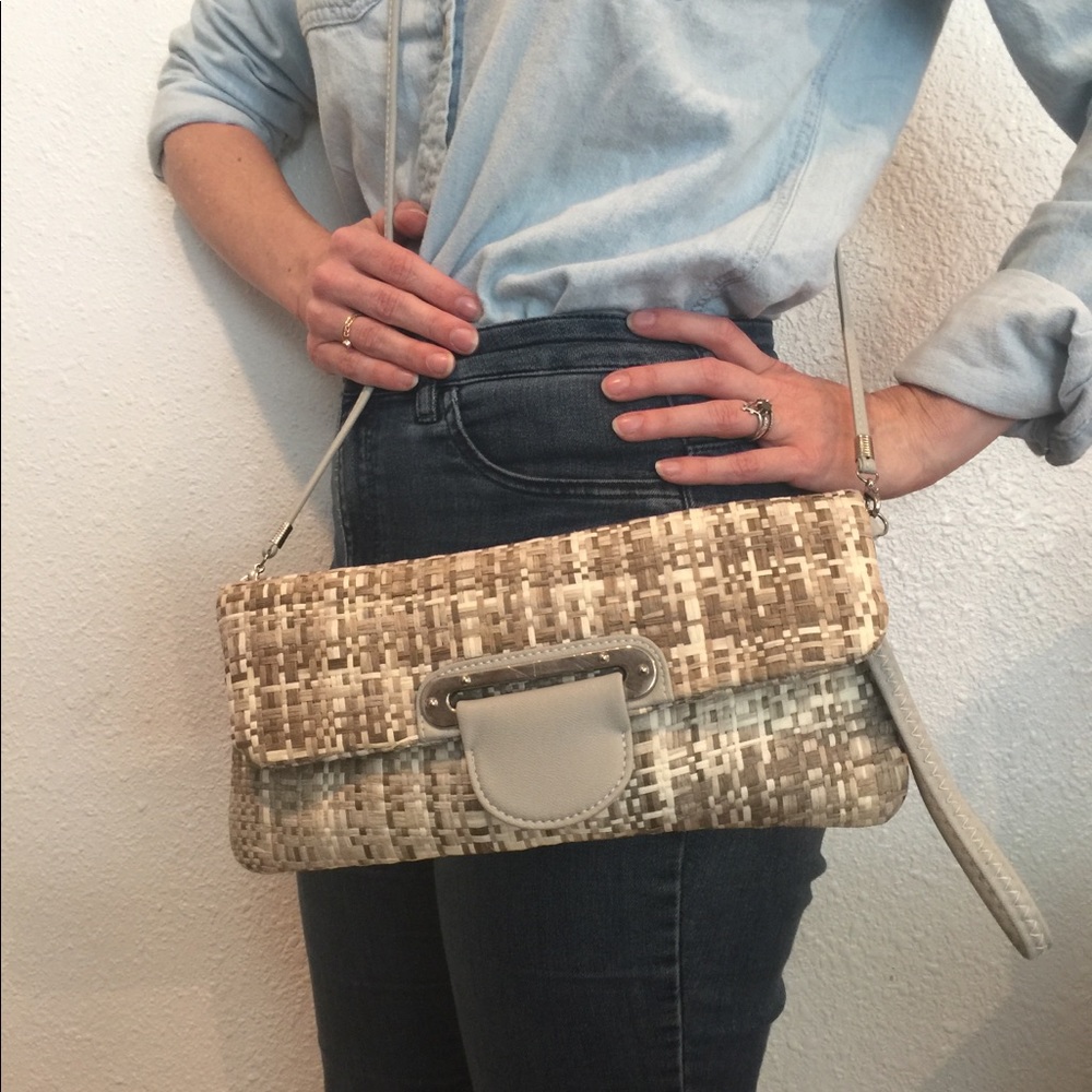 Mellow World gray and taupe straw crossbody/ wrist